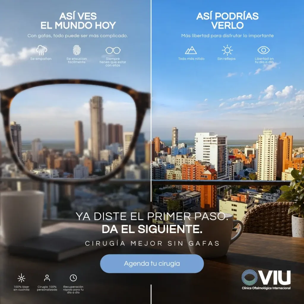 Comparación entre ver el mundo con gafas y sin ellas después de una cirugía refractiva en VIU Clínica Oftalmológica Internacional