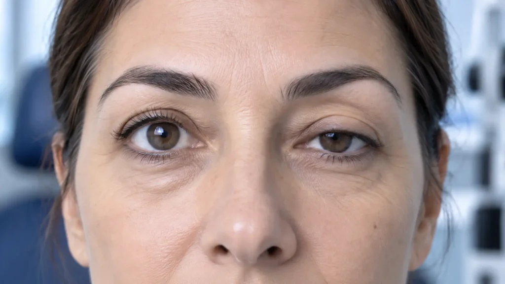 Mujer con un párpado caído que ilustra la ptosis palpebral y la diferencia en la posición de ambos párpados - VIU Clínica Oftalmológica Internacional