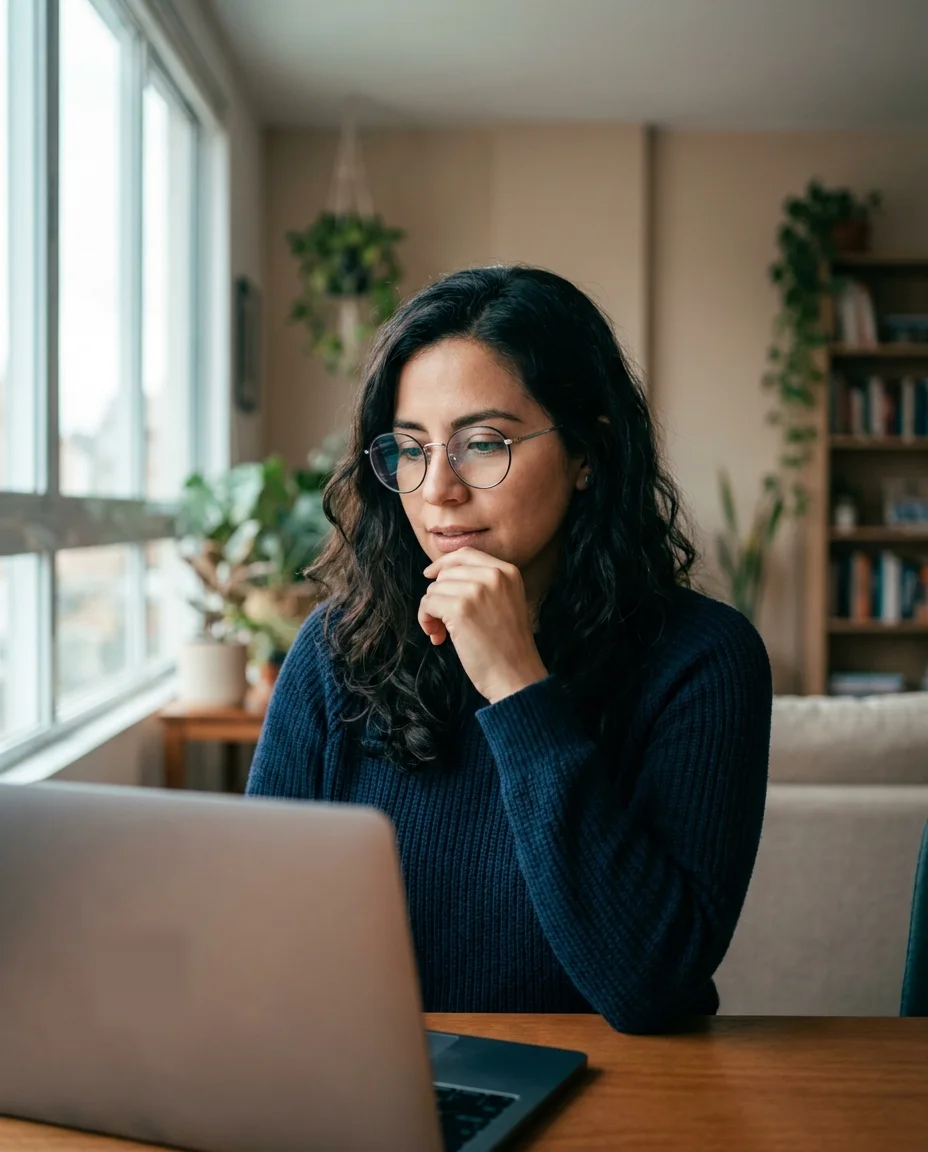 Mujer con gafas frente a su computador, informándose sobre si es candidata a una cirugía refractiva