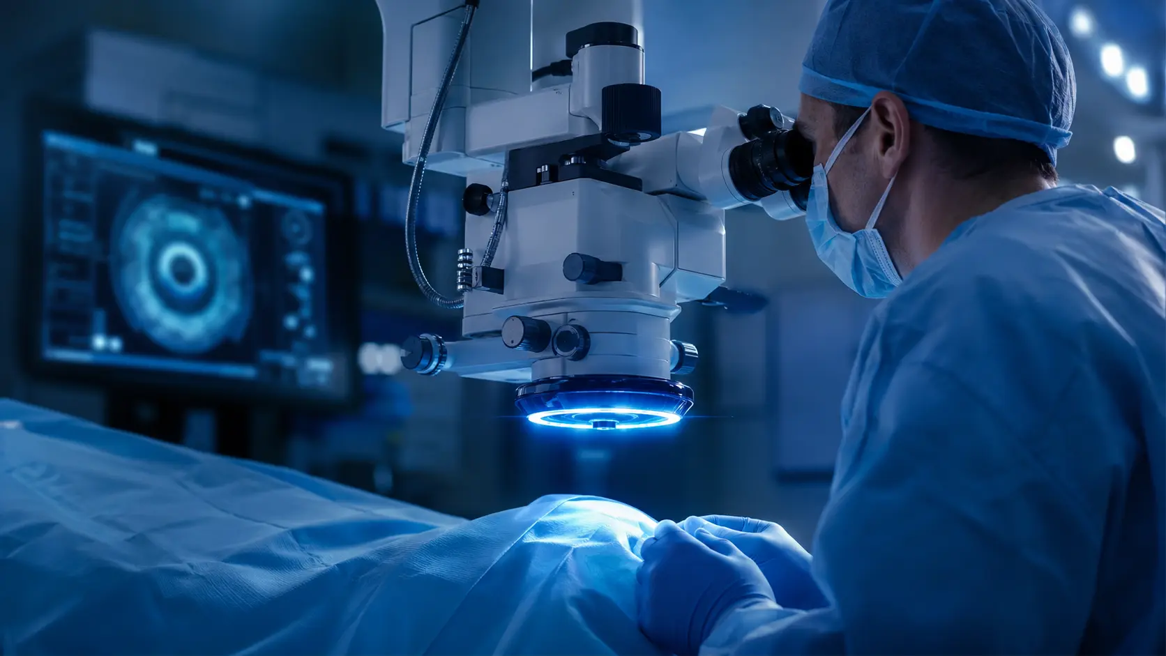 Especialista verificando las mediciones del ojo durante una cirugía de cataratas