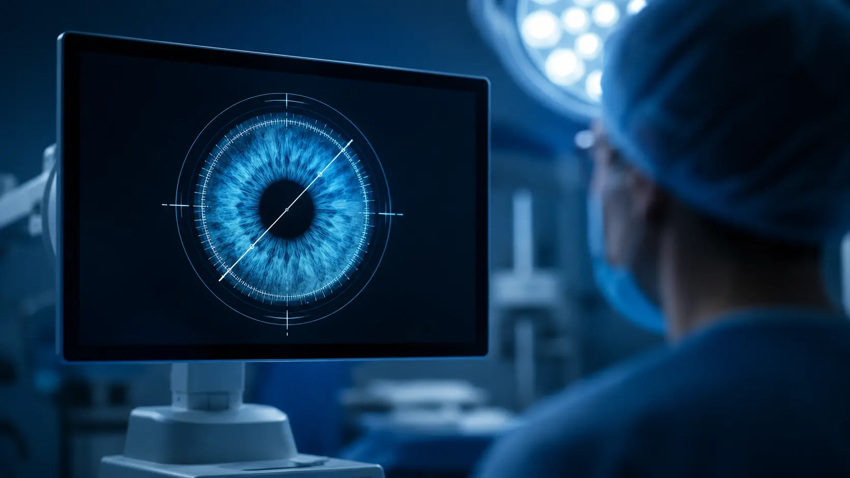 Sistema de guía por imágenes mostrando el mapa digital del ojo para planear la cirugía de cataratas