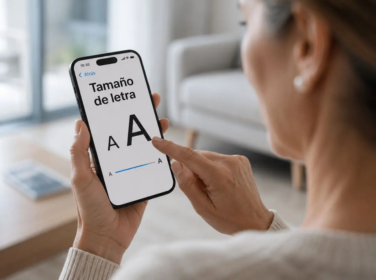 Mujer ampliando el tamaño de letra en su teléfono, un gesto habitual cuando cuesta enfocar de cerca por hipermetropía