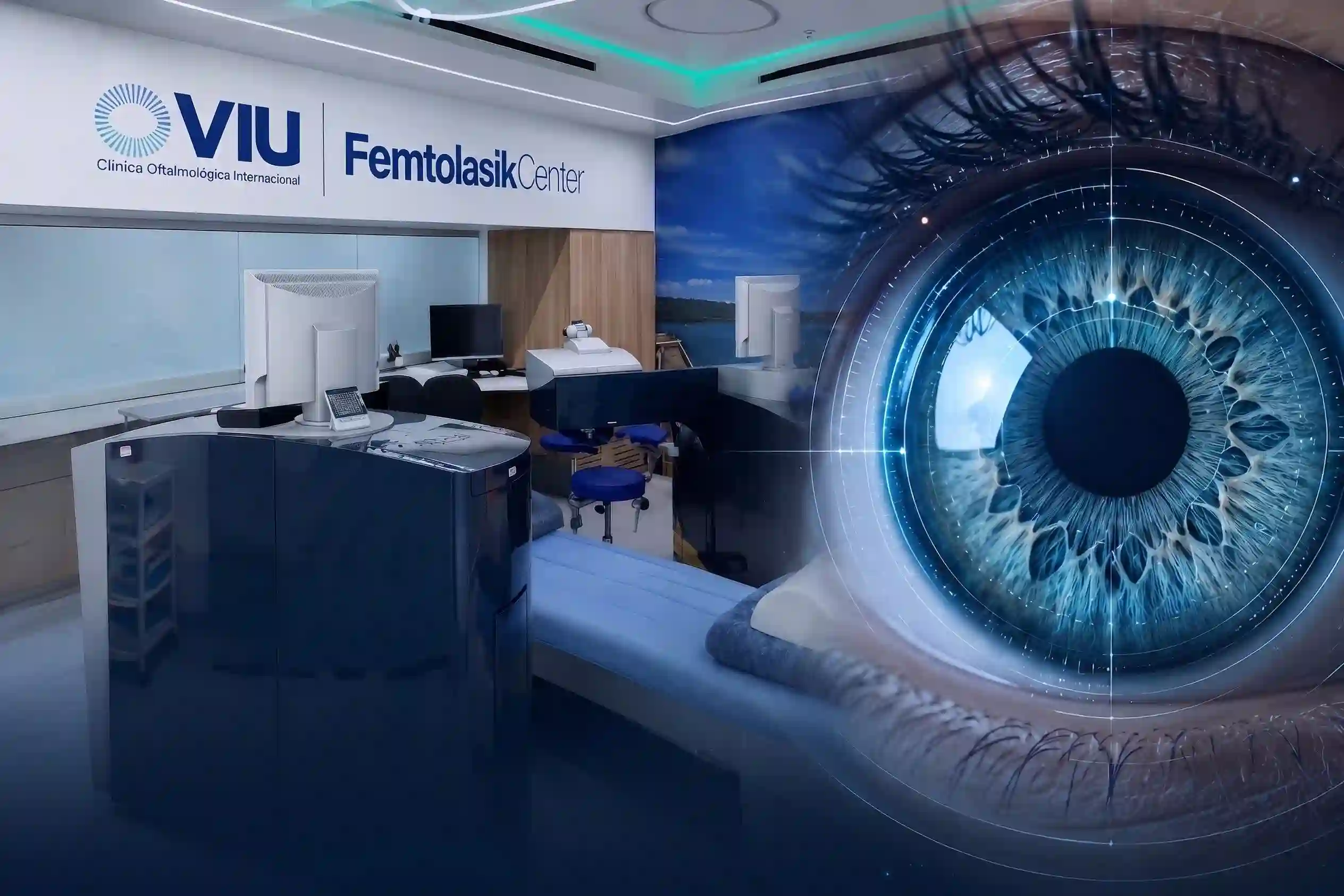 Sala del Femtolasik Center de VIU junto a una representación digital del ojo, el modelo tridimensional que construye Sightmap