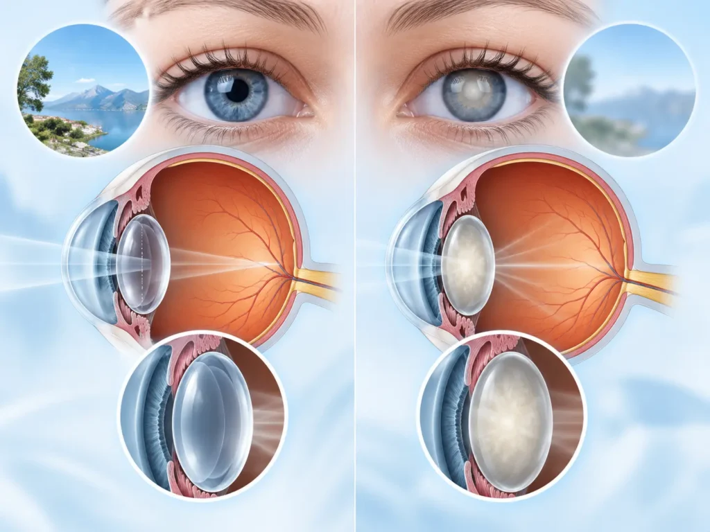 Comparación anatómica de dos ojos: a la izquierda el cristalino transparente y una imagen nítida; a la derecha el cristalino opacificado por la catarata y la misma imagen borrosa