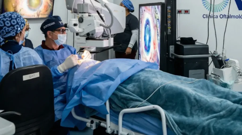 Equipo quirúrgico realizando una cirugía de catarata con microscopio; en el monitor se ve el ojo ampliado durante el procedimiento