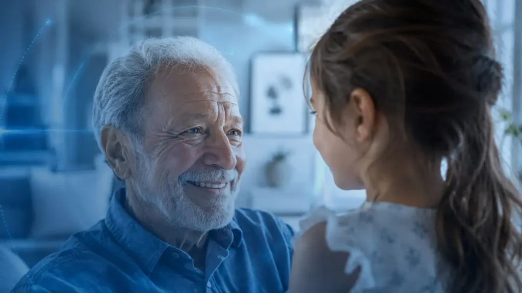 Hombre mayor sonriendo mientras conversa de cerca con una niña en la sala de su casa