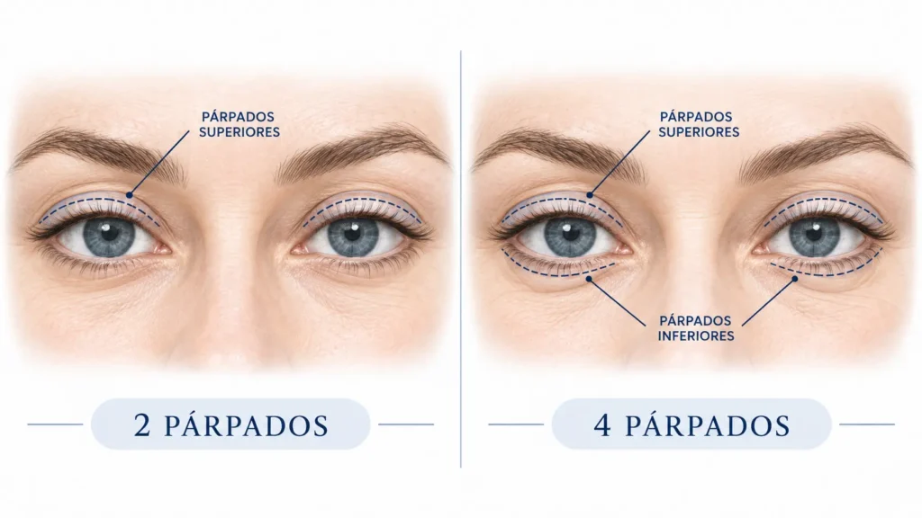 Ilustración comparativa de blefaroplastia de 2 y 4 párpados