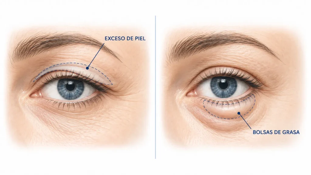 Ilustración de exceso de piel en párpados y bolsas de grasa - VIU