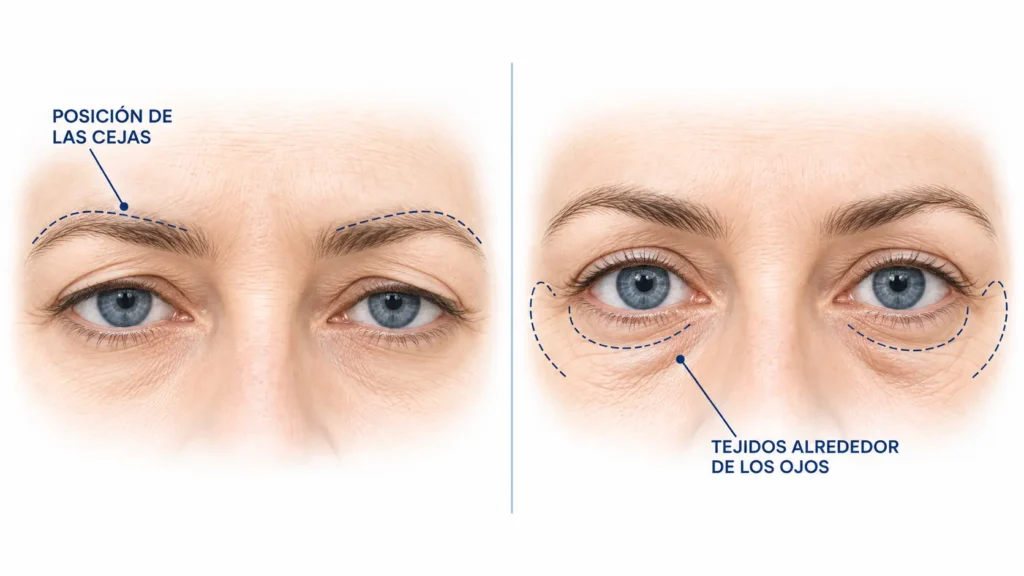 Ilustración médica de la posición de las cejas y los tejidos alrededor de los ojos