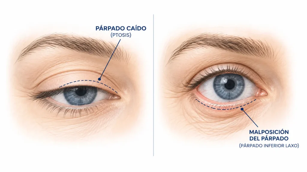 Ilustración médica sobre la posición del párpado y casos de ptosis y laxitud palpebral - VIU
