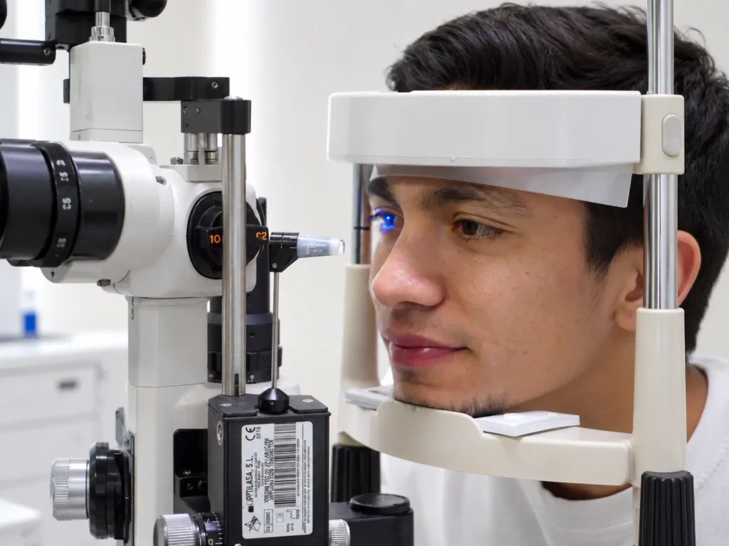 Paciente realizandose examen oftalmologico y de optometria en VIU - Barranquilla, Colombia