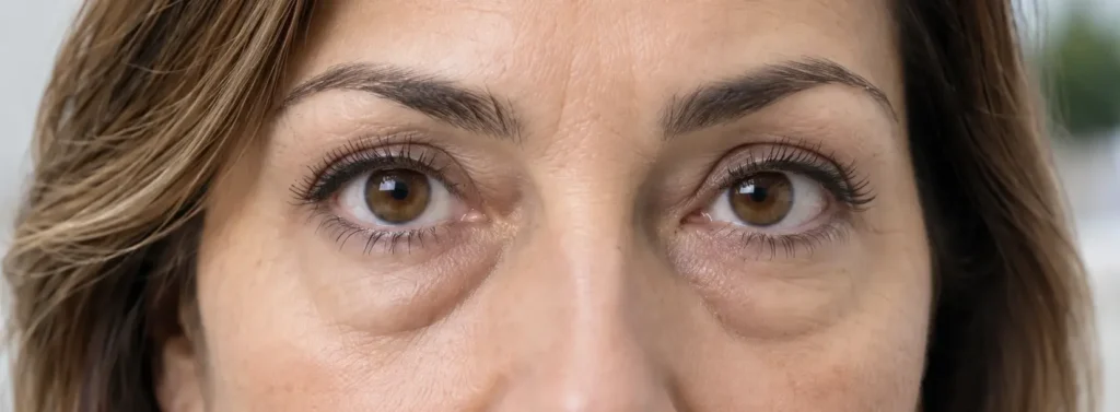 Primer plano de ojos con bolsas en los párpados inferiores y surco marcado, asociado a blefaroplastia inferior - VIU - Clínica Oftalmológica Internacional