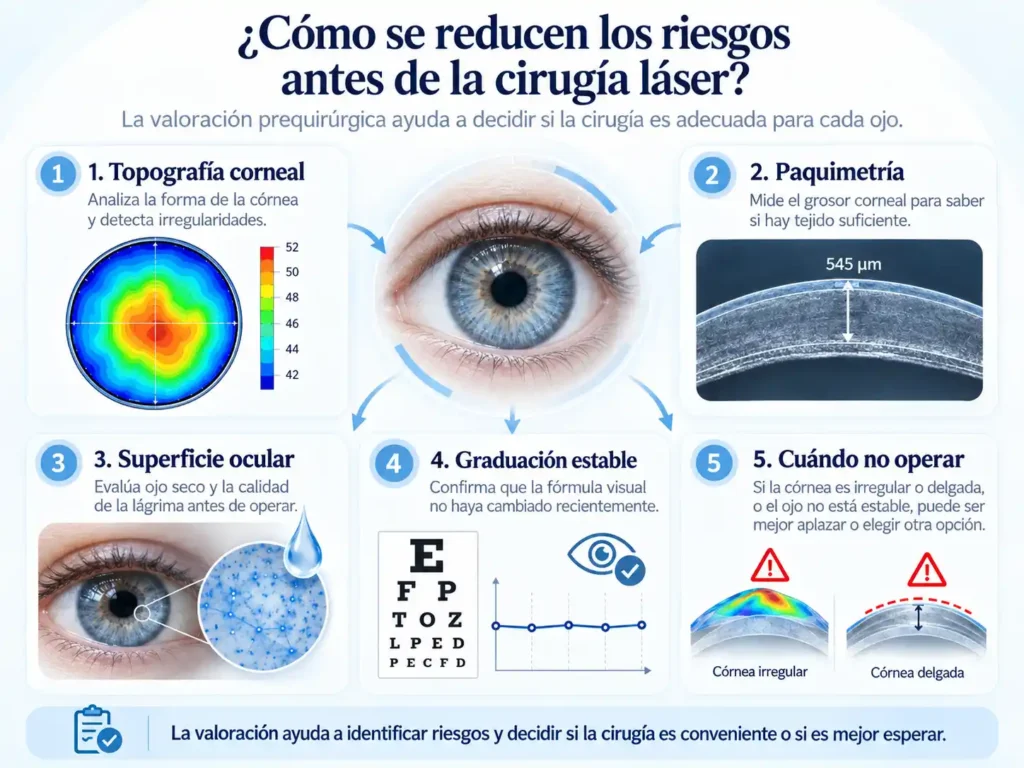 Infografía: topografía, paquimetría, superficie ocular y graduación estable en la valoración antes de la cirugía láser